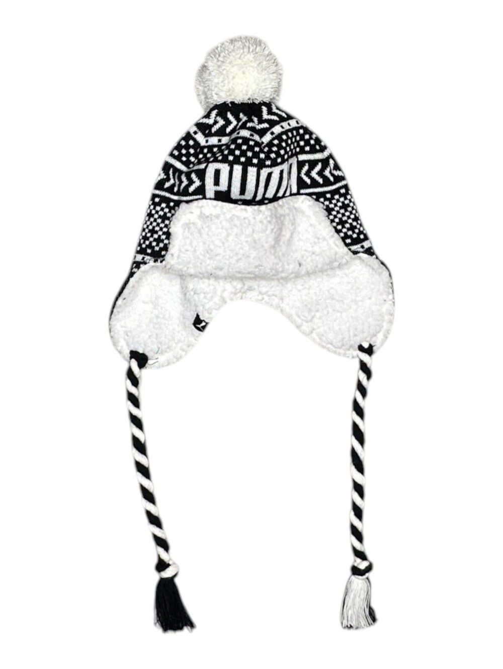 Puma Women's Black and White Winter Earflap Hat with Pom Pom